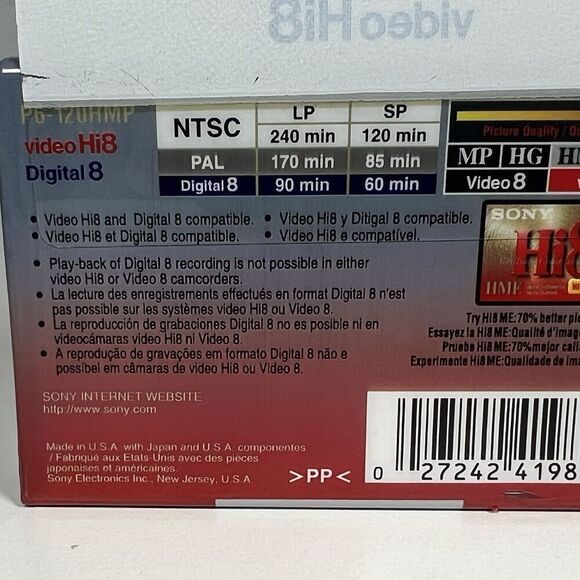 Sony Hi8 60 Min Video Digital 8 120 Min Hi8 P6-120HMPD1 Video Cassette Tape New - Picture 3 of 3